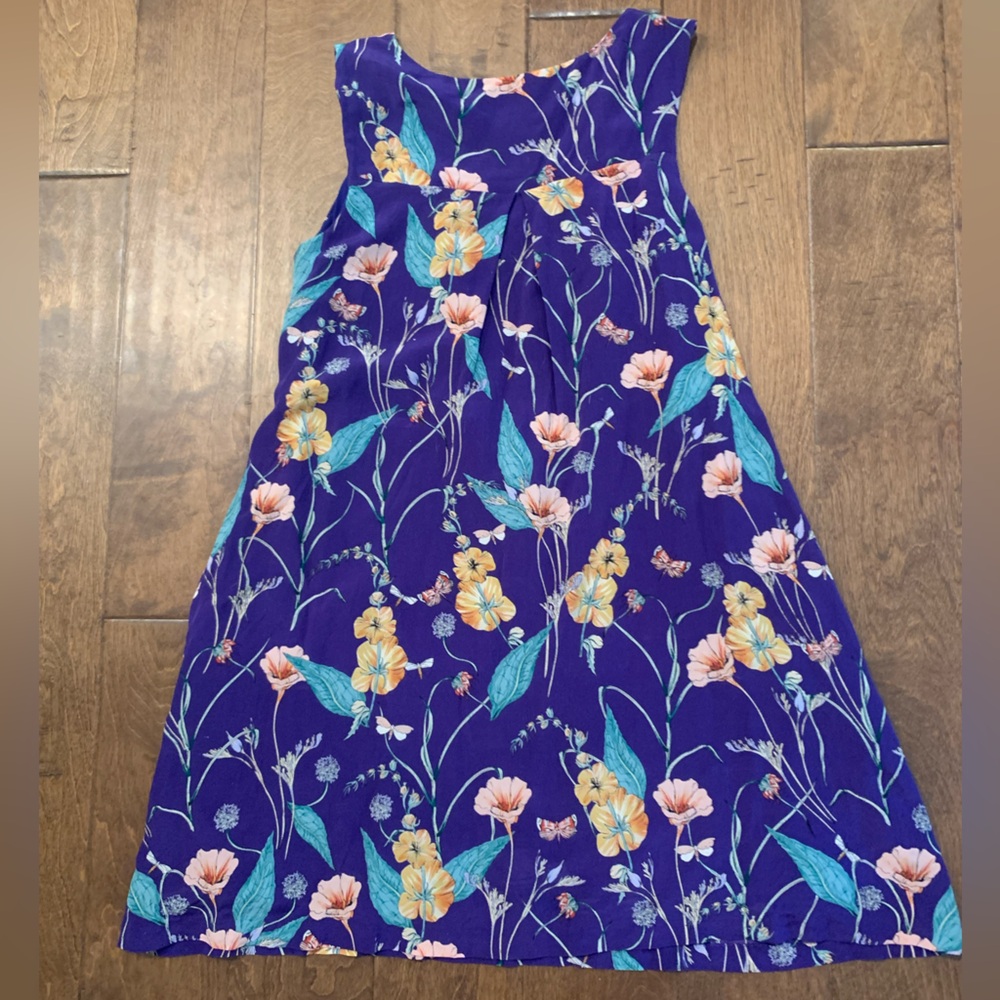 Anthropologie 100% silk dress Floral Blue Print HD in Paris Hidden Isle